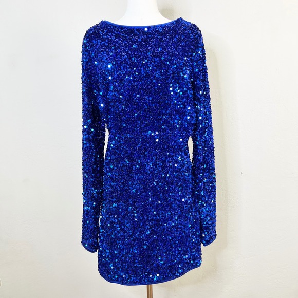 Lulus Dresses & Skirts - Lulus Blue Allover Sequin Open Back Long Sleeve Mini Dress Cocktail Party XL NWT